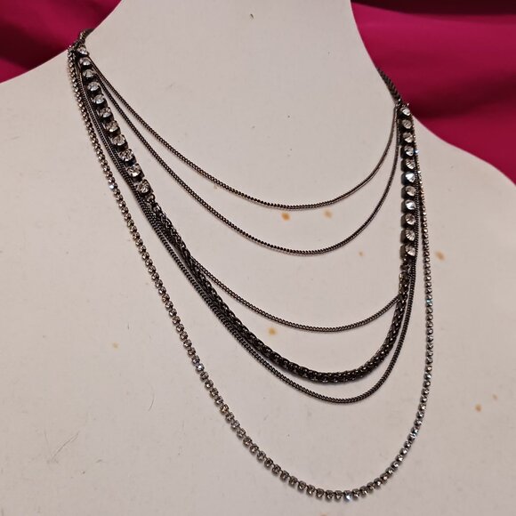 Hand Crafted Jewelry - Hand Crafted Gun Metal Chain and Rhinestone Multi Layer Necklace